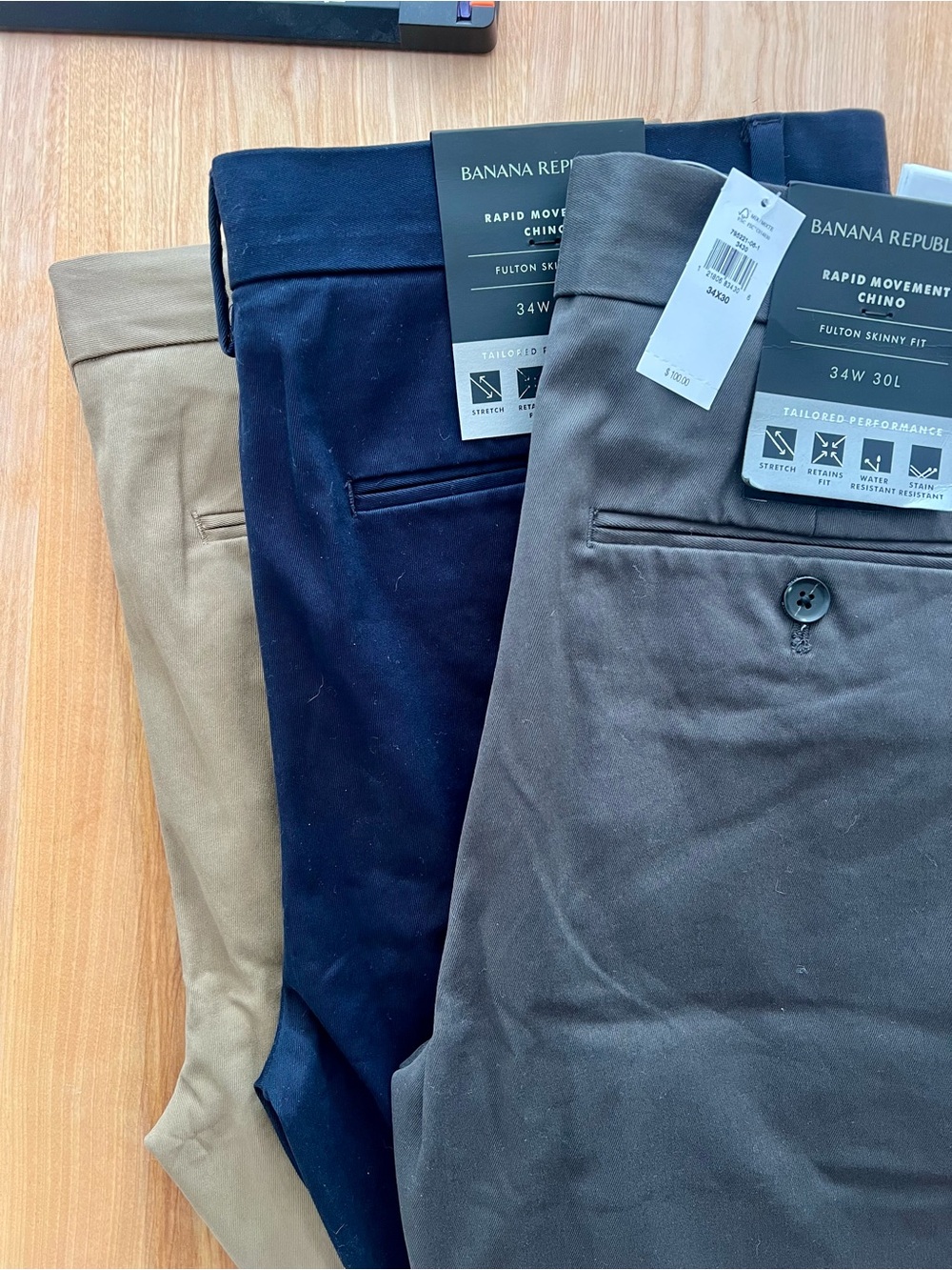 Banana Republic Rapid Movement Chinos Fulton skinny fit in Navy, Charcoal & Tan